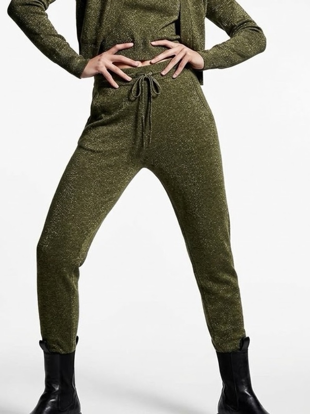 DOROTHEE SCHUMACHER Merino Wool Metallic Knit Olive Green Joggers Shimmery Pants